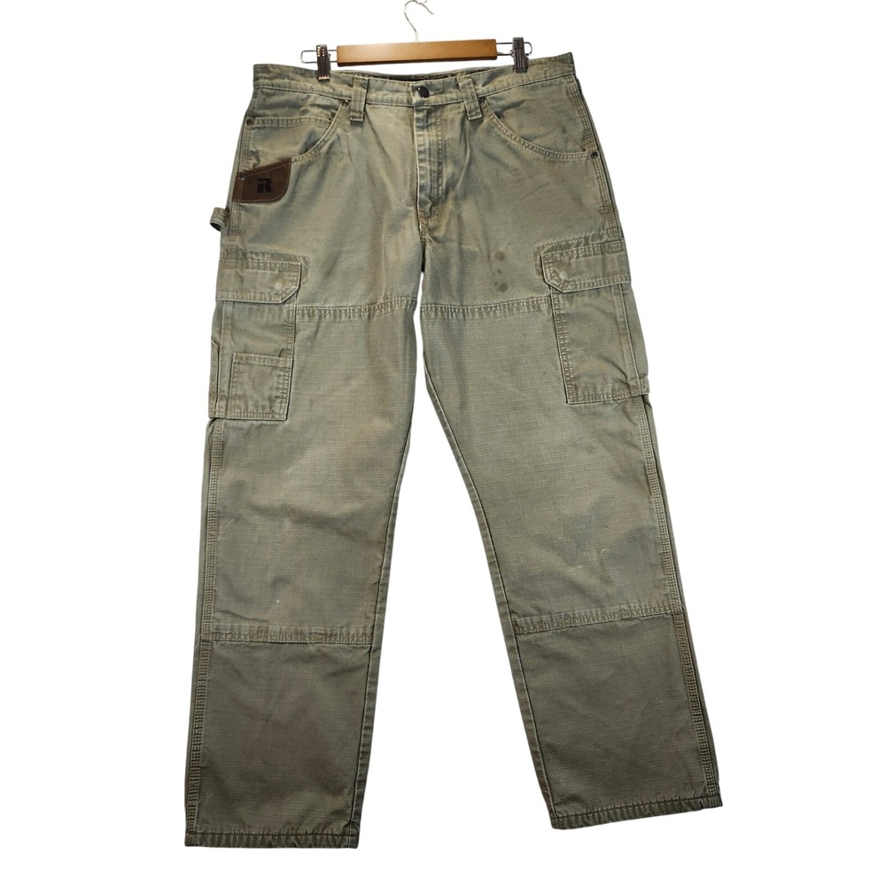 Mens Russell Athletic Khaki Cargo Work Pants Durable Canvas Utility‎ Pockets